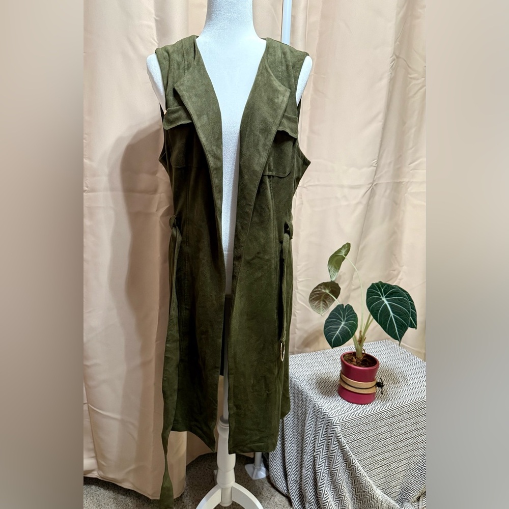 Chico's Olive Green Faux Suede Belted Longline Duster Vest - Size 2/Large - EUC - Picture 11 of 14